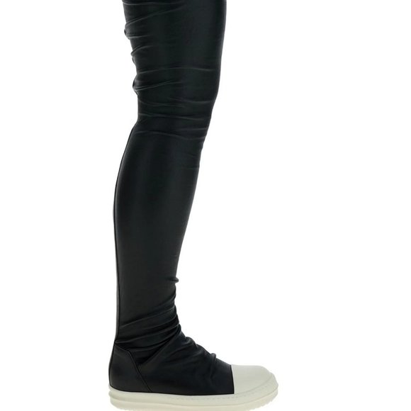 RICK OWENS SS24 KNEE-HIGH STOCKING SNEAKS IN BLACK AND MILK STRETCH LAMB LEATHER - Picture 2 of 14